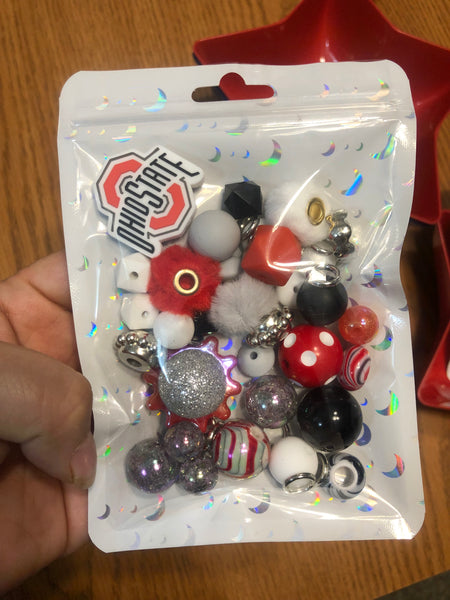 Bead Mixes - Ohio State || 3mm+ Large Hole || Bead Pack with Focal || Red, Black and White