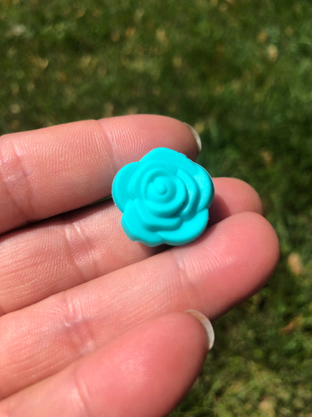 Silicone Focal Beads - Teal Floral Rose -58C
