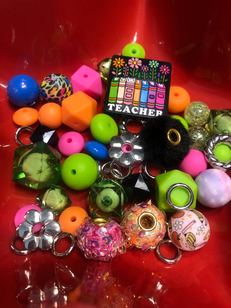 Bead Mixes - Teacher || 3mm+ Large Hole || Bead Pack with Focal || Green, Pink, Orange