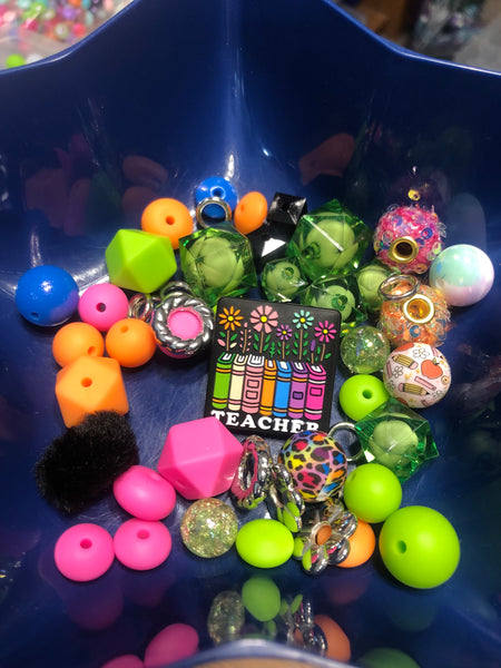 Bead Mixes - Teacher || 3mm+ Large Hole || Bead Pack with Focal || Green, Pink, Orange