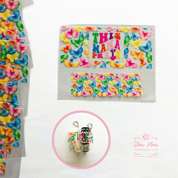 Mini Tumbler UVDTF Decal - Patterns - Butterfly Multicolor Rainbow "This Mama Prays"