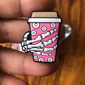 Silicone Focal Beads - Skeleton Hand Holding Pink Coffee Cup - 50
