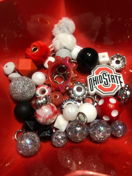 Bead Mixes - Ohio State || 3mm+ Large Hole || Bead Pack with Focal || Red, Black and White