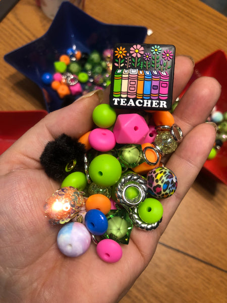 Bead Mixes - Teacher || 3mm+ Large Hole || Bead Pack with Focal || Green, Pink, Orange