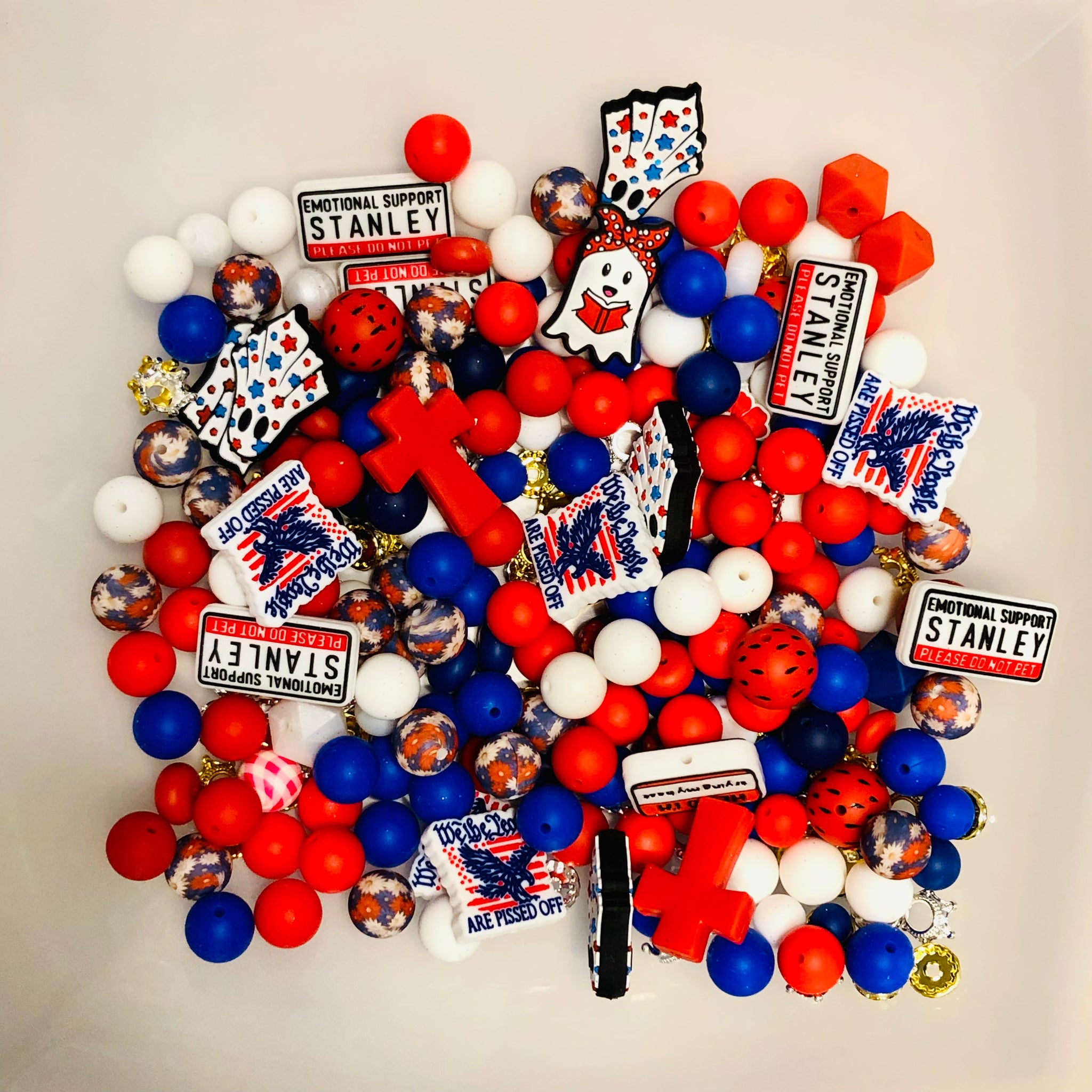 Bead Soup - Red White and Fed Up || 3mm+ Large Hole || Bead Mixes || Silicone Only