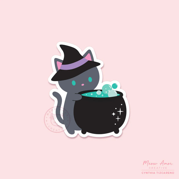 Gray Cat Cauldron Vinyl Sticker