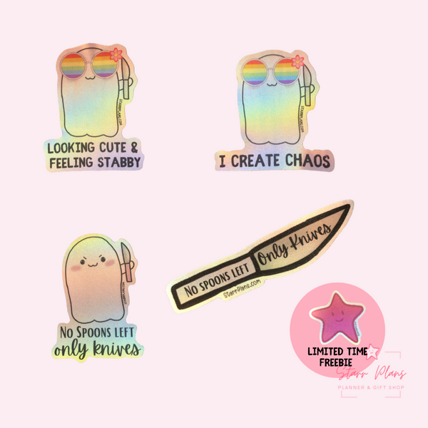 "Looking Cute & Feeling Stabby" - Summer Stabby Holographic Sticker Decal (2.2" x 2.8")