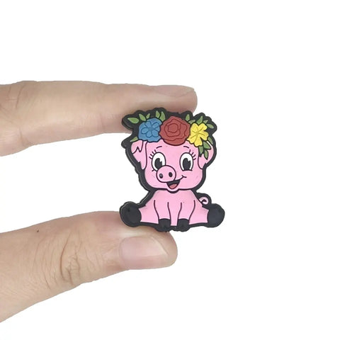 Silicone Focal Beads - Pig with Flower Crown - 03