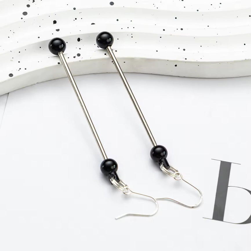 Beadable Bar Earrings - Metal - Black &amp; Silver