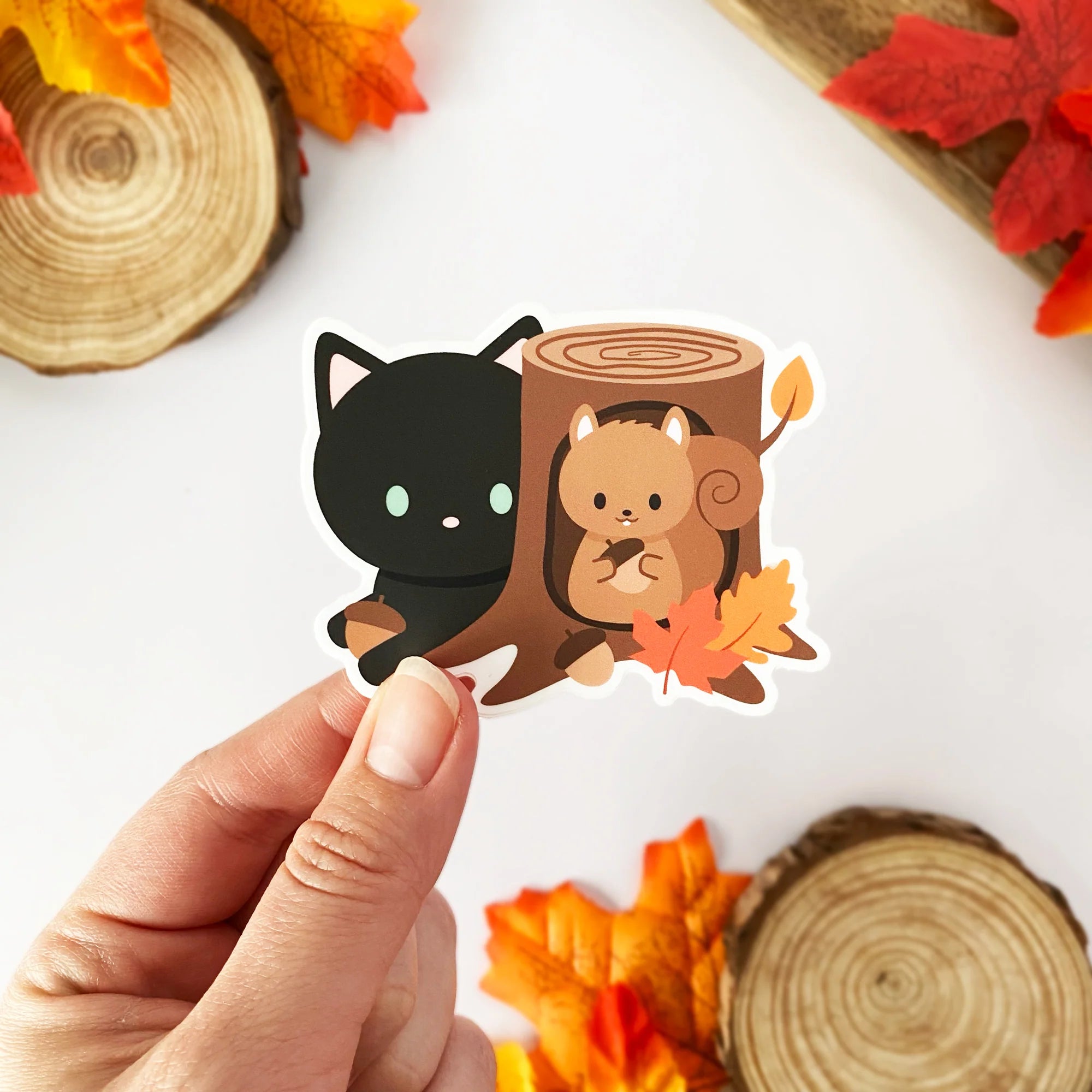 Autumn Cat and Squirrel Vinyl Sticker