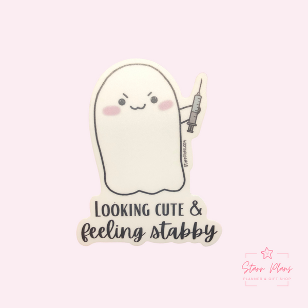 Stabby's Shot "Looking Cute & Feeling Stabby" - Medical Staff Vinyl Sticker Decal (2.2" x 2.9")