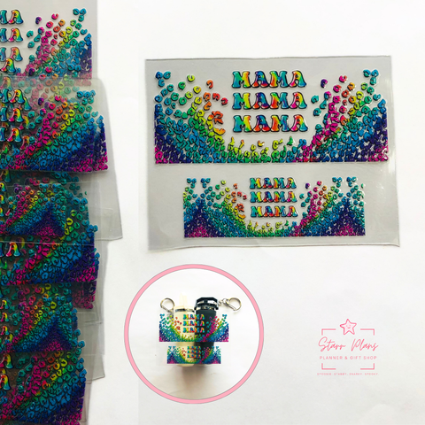 Mini Tumbler UVDTF Decal - Mom - "Mama Mama Mama" Rainbow Cheetah Print
