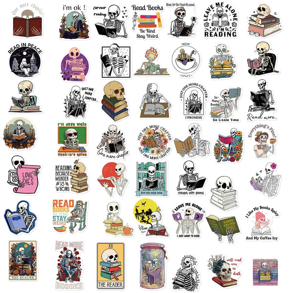 Vinyl Sticker Mix || Skeleton Loves Reading -  Kawaii || 25 Pieces