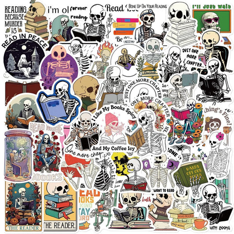 Vinyl Sticker Mix || Skeleton Loves Reading -  Kawaii || 25 Pieces