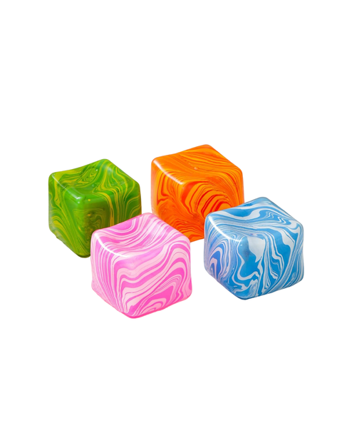 Four marbled cube-shaped dice in green, orange, pink, and blue, arranged on a plain white background.