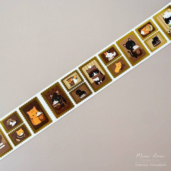 Coffee Cat Stamp Gold Foil Vinyl Sticker Roll Washi Tape