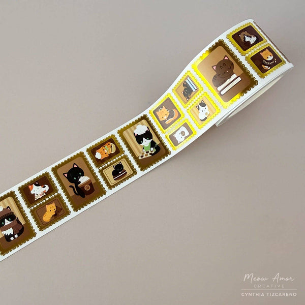 Coffee Cat Stamp Gold Foil Vinyl Sticker Roll Washi Tape