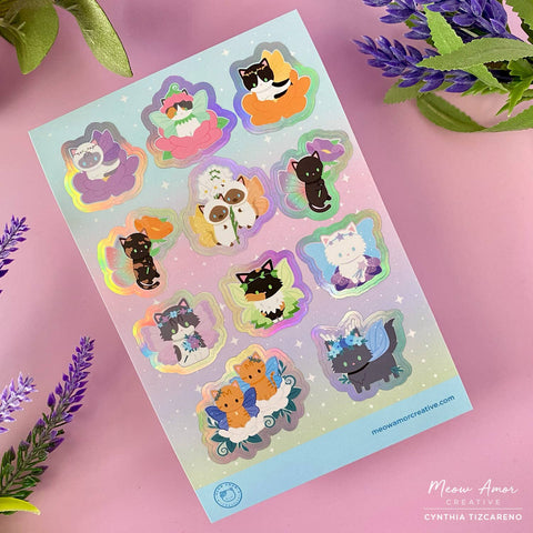 Fairy Cats Holo Foil Vinyl Sticker Sheet
