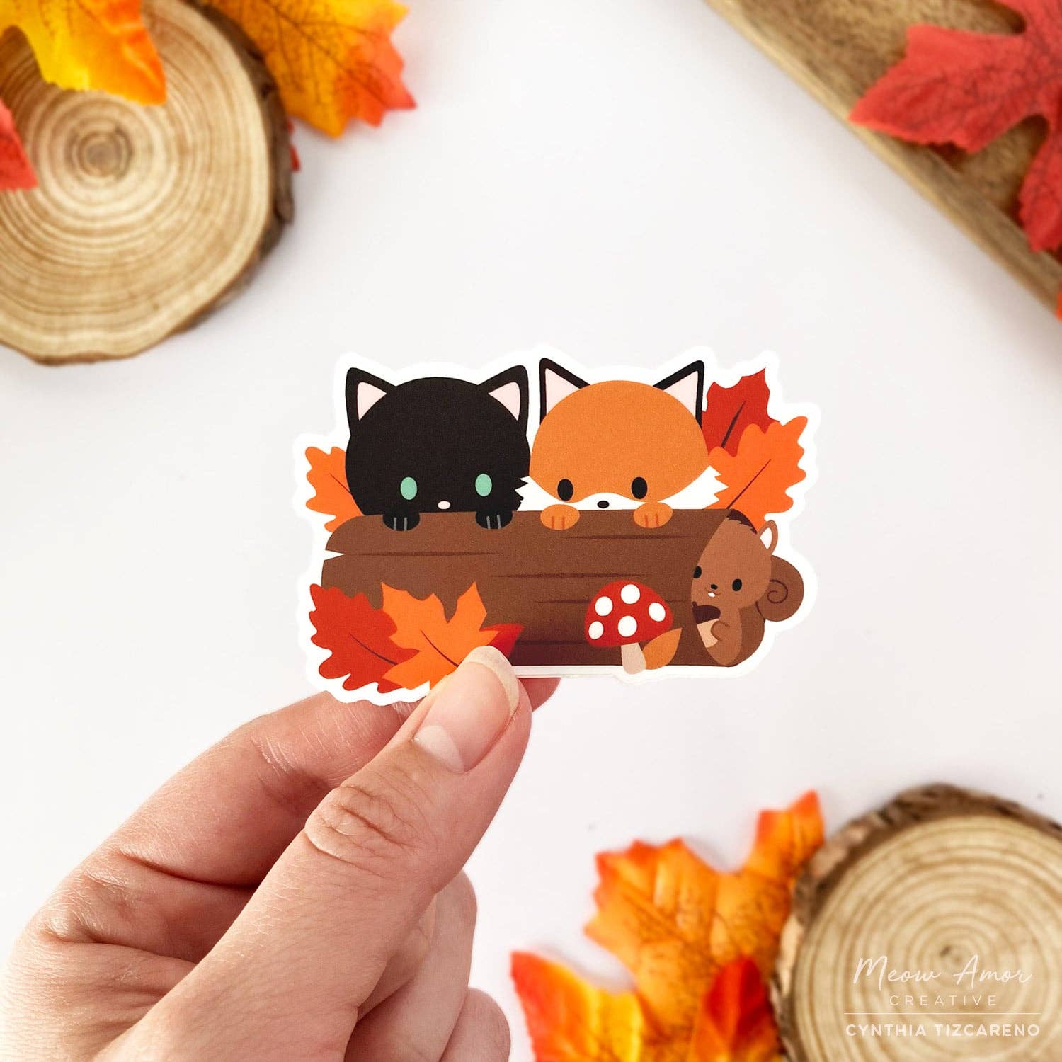 Autumn Fox and Cat Vinyl Sticker