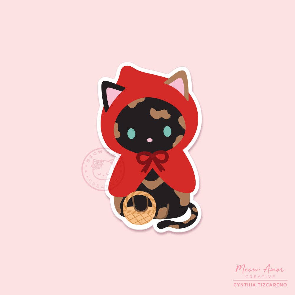 Tortie Cat Red Riding Hood Vinyl Sticker