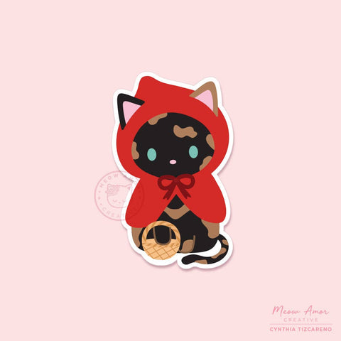 Tortie Cat Red Riding Hood Vinyl Sticker