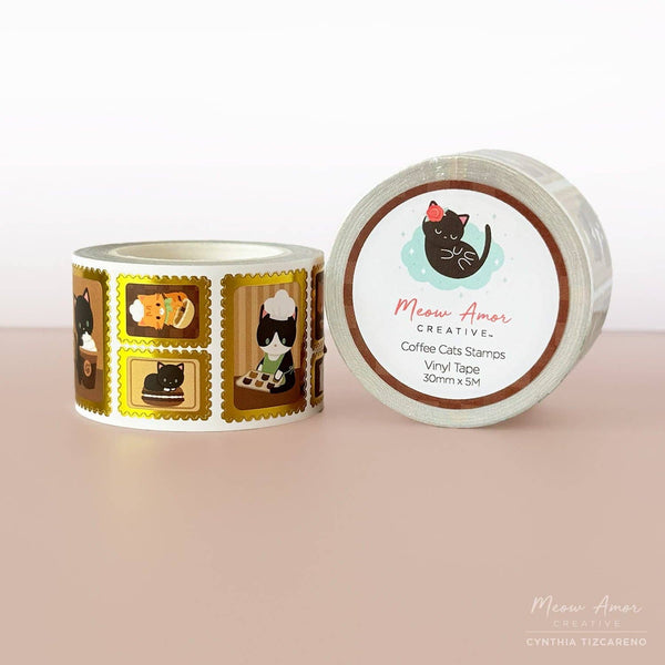 Coffee Cat Stamp Gold Foil Vinyl Sticker Roll Washi Tape