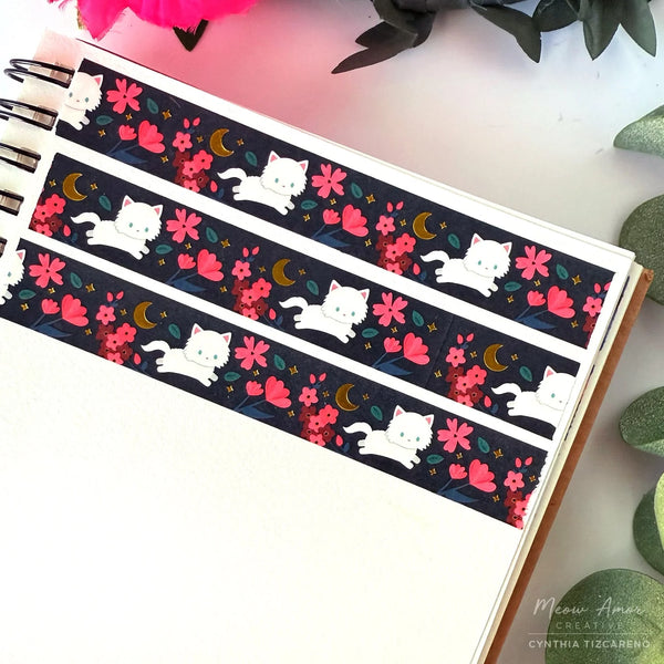 Floral Fluffy White Cat Gold Foil Washi Tape
