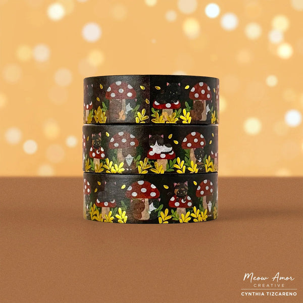 Mushroom Cats Gold Foil Washi Tape