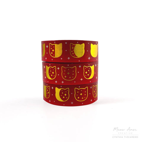 Red Cat Moonphase Gold Foil Washi Tape