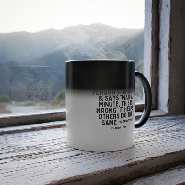 White- No More Victims Quote by Gloria Steinem || Black Color Morphing Mug, 11oz