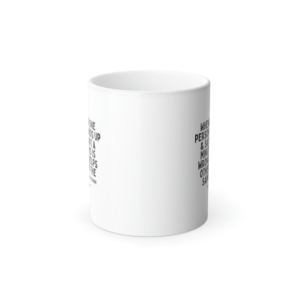 White- No More Victims Quote by Gloria Steinem || Black Color Morphing Mug, 11oz