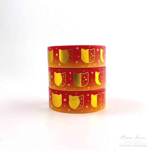 Ombre  Red-Orange Cat Moonphase Gold Foil Washi Tape