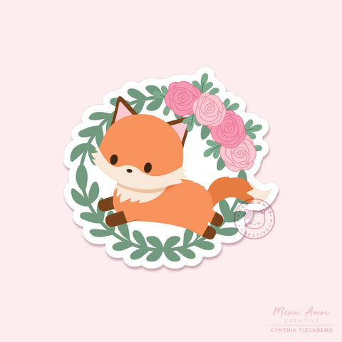 Fox Rose Wreath Vinyl Sticker