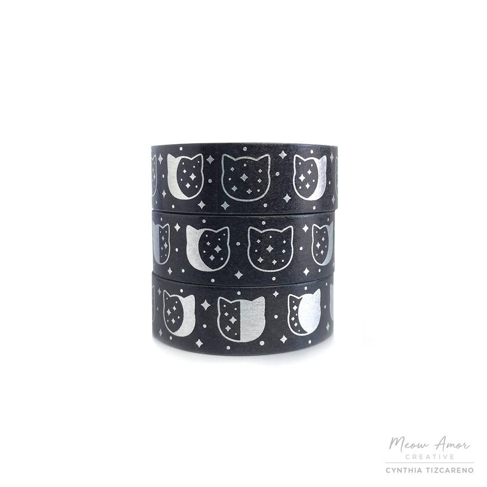 Black Cat Moonphase Silver Foil Washi Tape