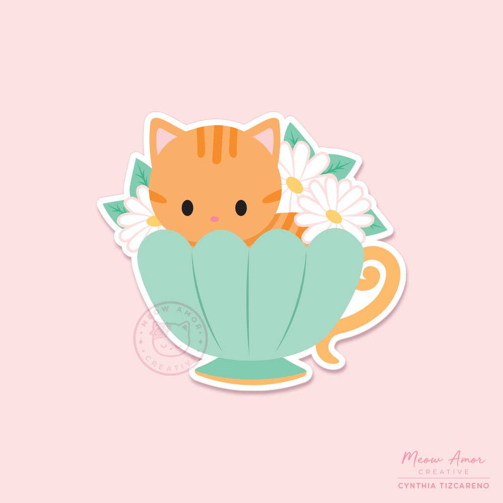Tabby Cat Tea Cup Vinyl Sticker