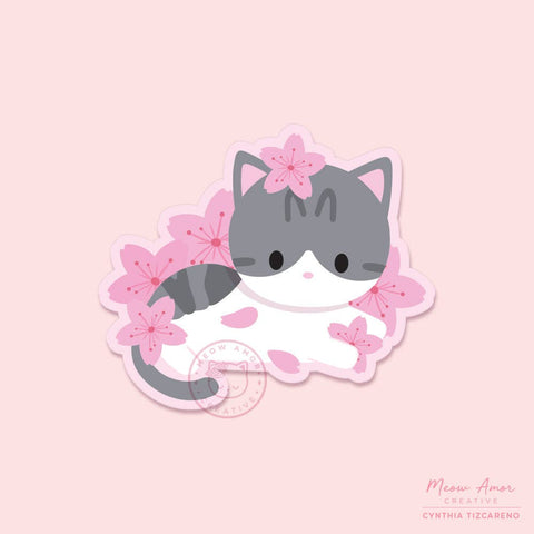 Cherry Blossom Gray Cat Vinyl Sticker