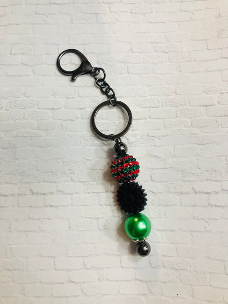Red & Green Bling Sunflower Beaded Keychain || Designed by Ximena Starr - 2022