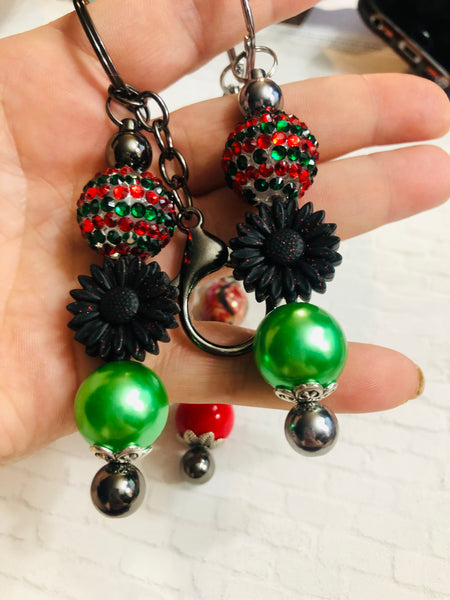 Red & Green Bling Sunflower Beaded Keychain || Designed by Ximena Starr - 2022