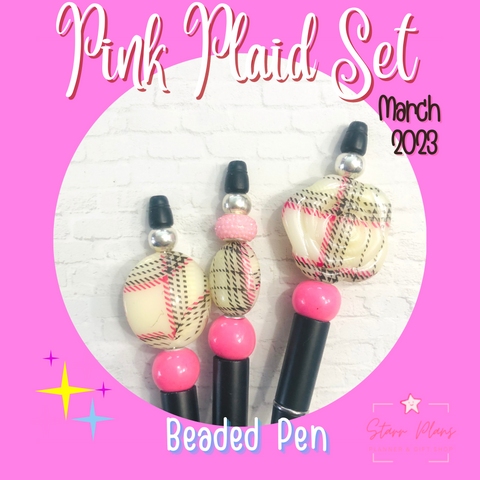 Beaded Pen || March 2023- Pink Plaid Set of 3 || Designed by Ximena Starr